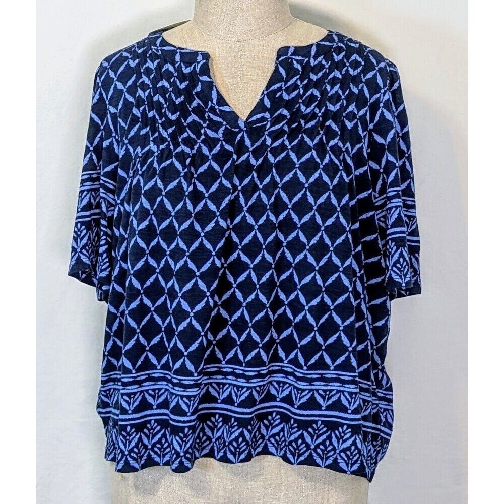 Wonderly Womens XXL Blue Geometric Print Cotton Blouse Short Sleeve NWT